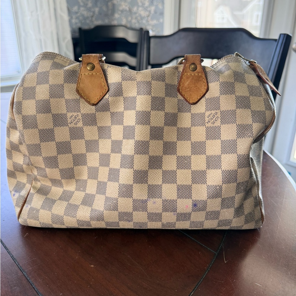Louis Vuitton Damier Azur Canvas Speedy Bag in Brown and Cream - Picture 3 of 10